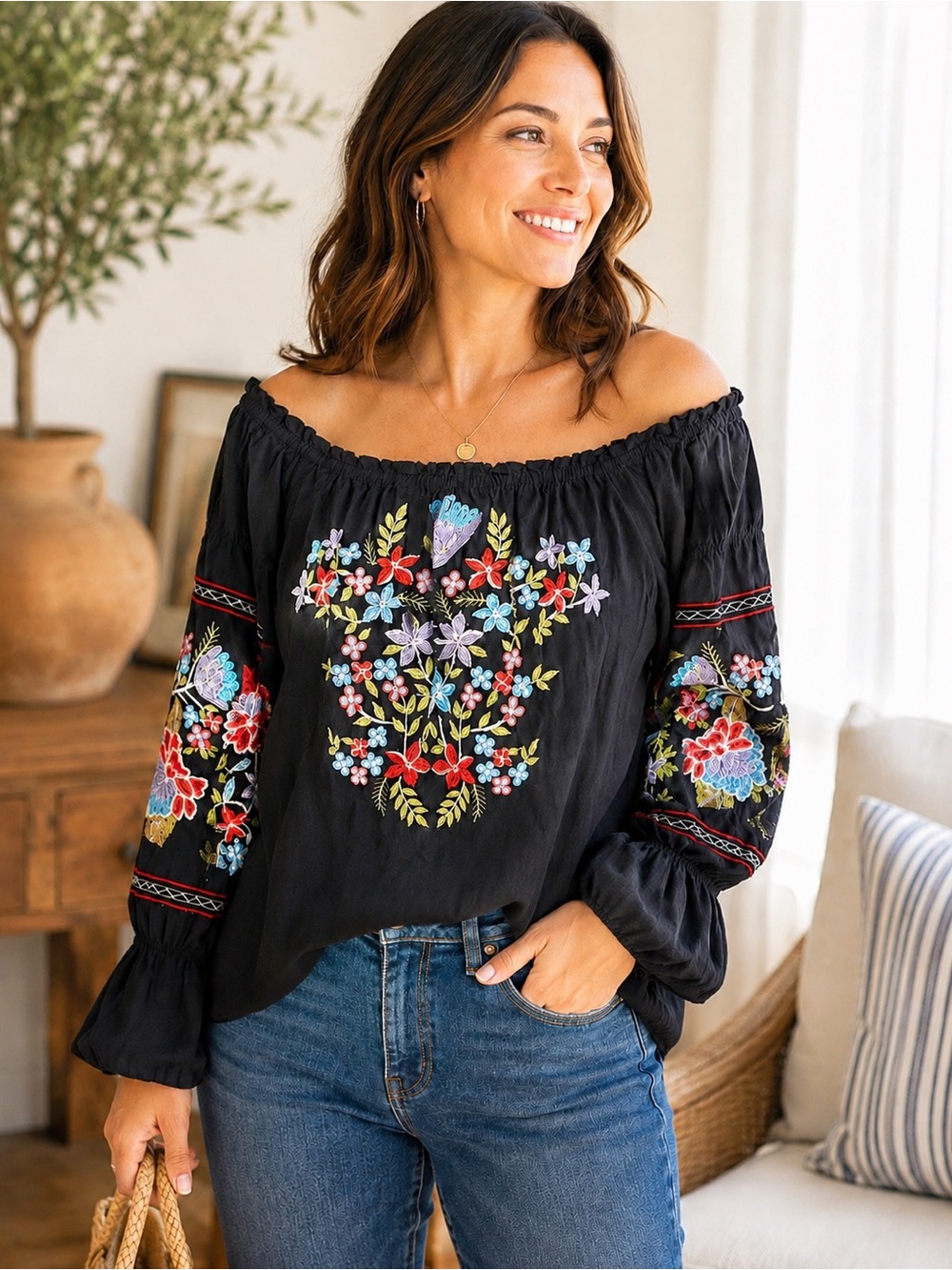 Free People XSTP Boho Embroidered Peasant Blouse Black Floral Off Shoulder 🌹